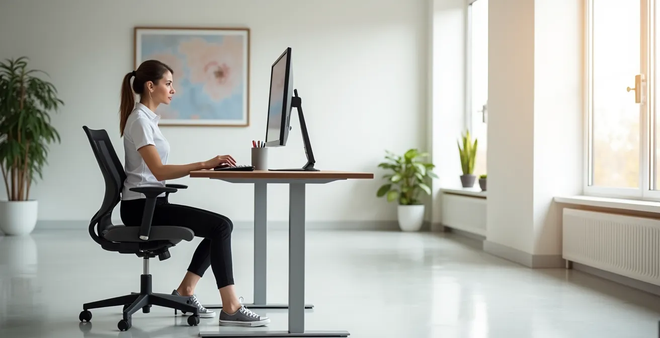 Vue latérale d'un poste de travail ergonomique montrant les angles et distances optimales