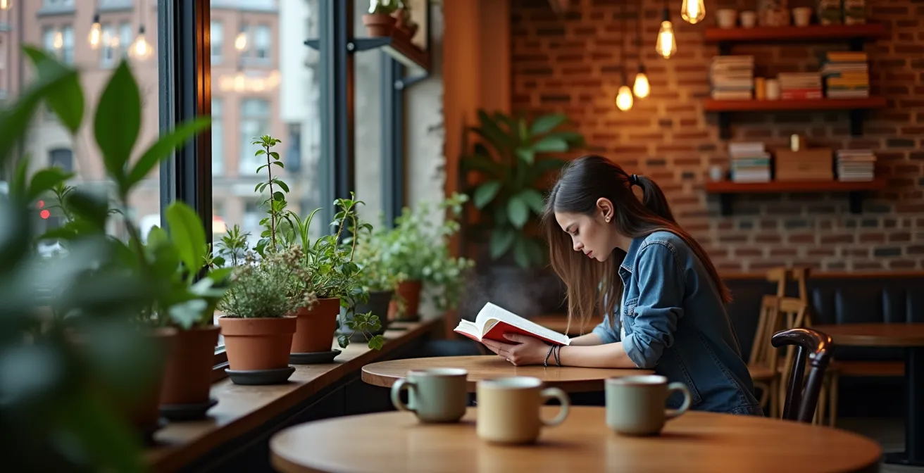 Intérieur chaleureux d'un café montréalais avec lumière naturelle et plantes