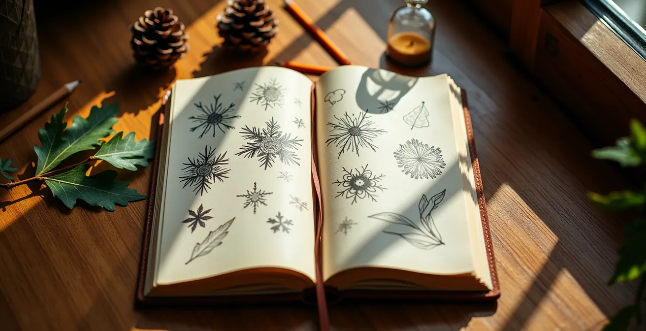 Représentation visuelle d'un journal de bord ouvert montrant des symboles saisonniers et des indicateurs de stress