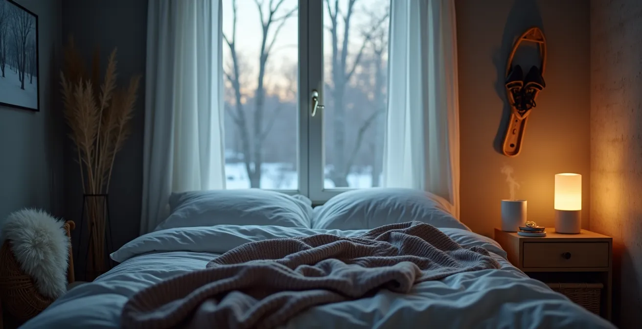 Chambre à coucher canadienne en hiver avec éclairage tamisé et dispositifs de sommeil connectés