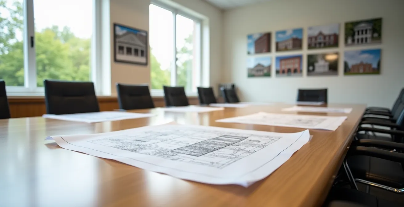 Vue d'ensemble d'une salle de réunion municipale avec plans architecturaux étalés sur une grande table