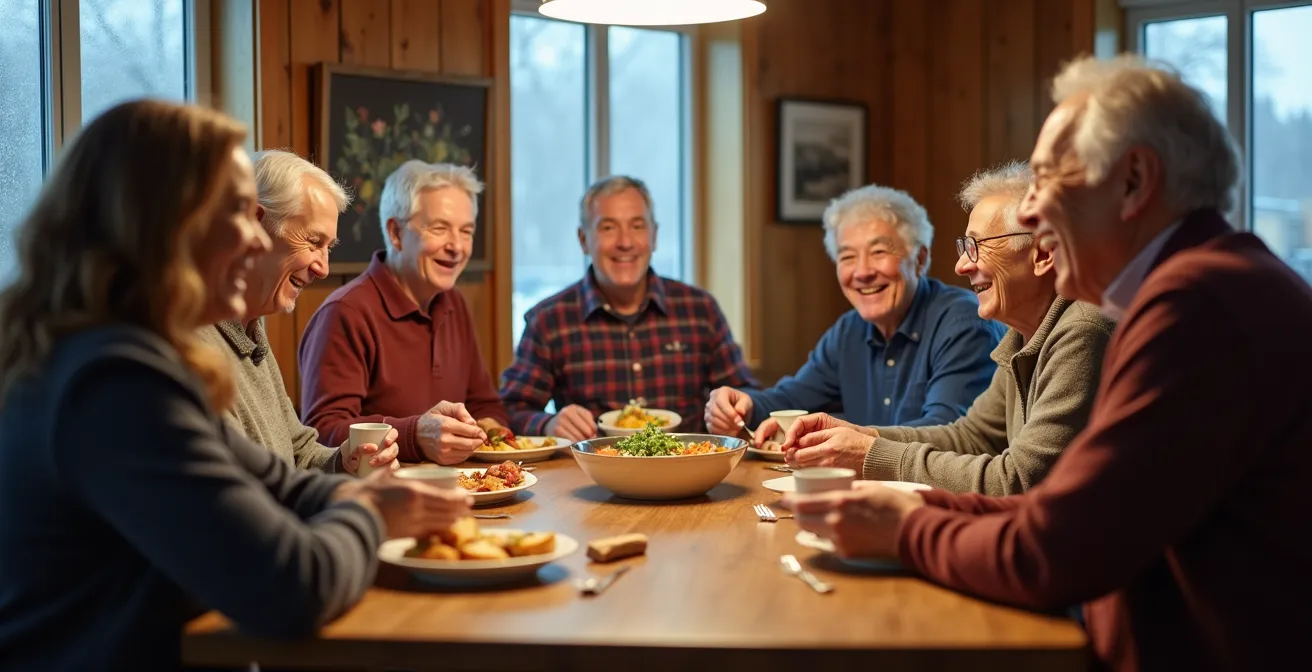Groupe multigénérationnel partageant un repas dans un centre communautaire chaleureux en hiver