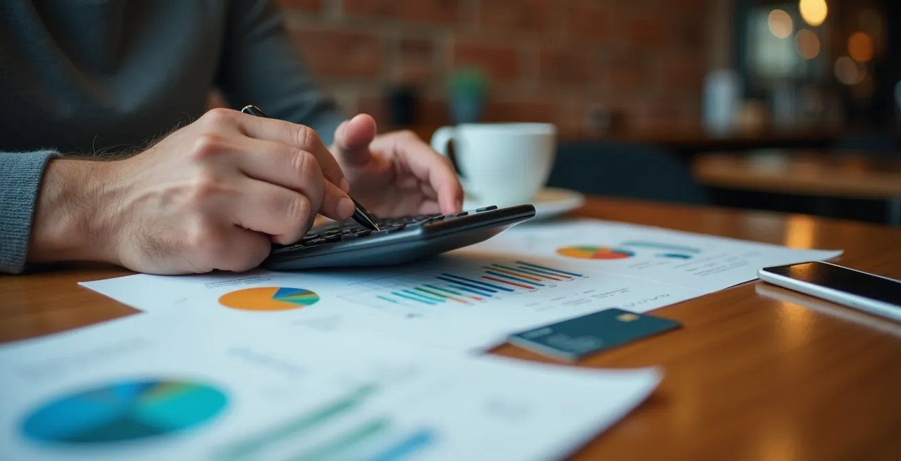 Personne consultant un tableau de calculs sur une table avec calculatrice et documents financiers