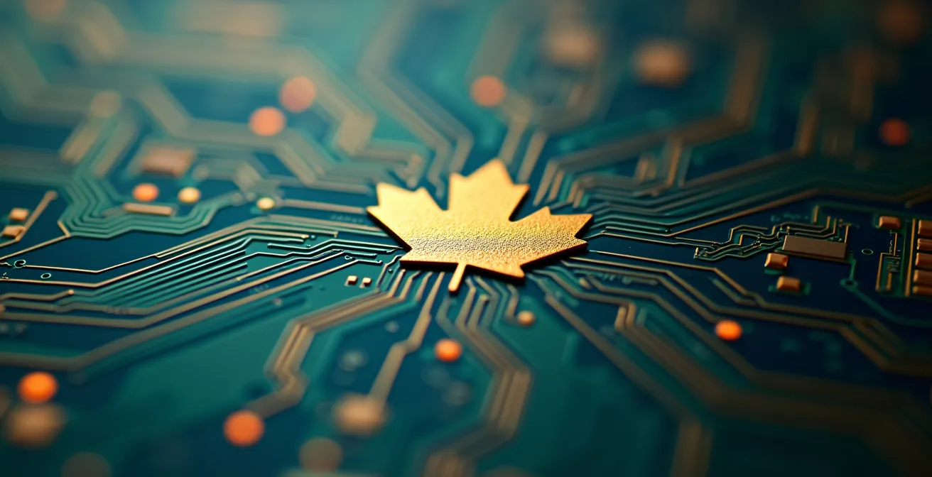 Vue macro d'une surface de circuit imprimé avec des connexions dorées symbolisant la sécurité des données