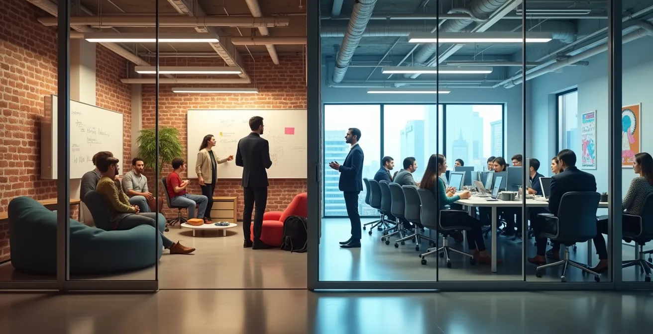Contraste visuel entre un bureau de startup moderne et ouvert et un bureau corporatif traditionnel
