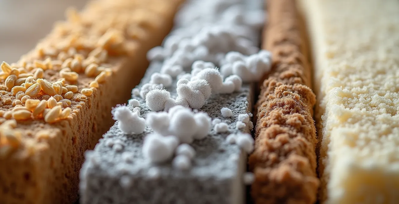 Gros plan macro sur différentes textures d'isolants naturels montrant leurs fibres distinctes