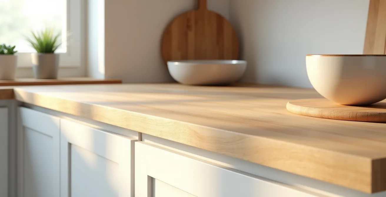 Plan large d'une cuisine moderne avec comptoir en bois d'érable canadien dans un environnement minimaliste