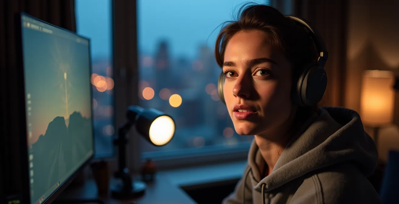 Créatrice de contenu québécoise filmant dans un studio moderne à Montréal avec équipement professionnel