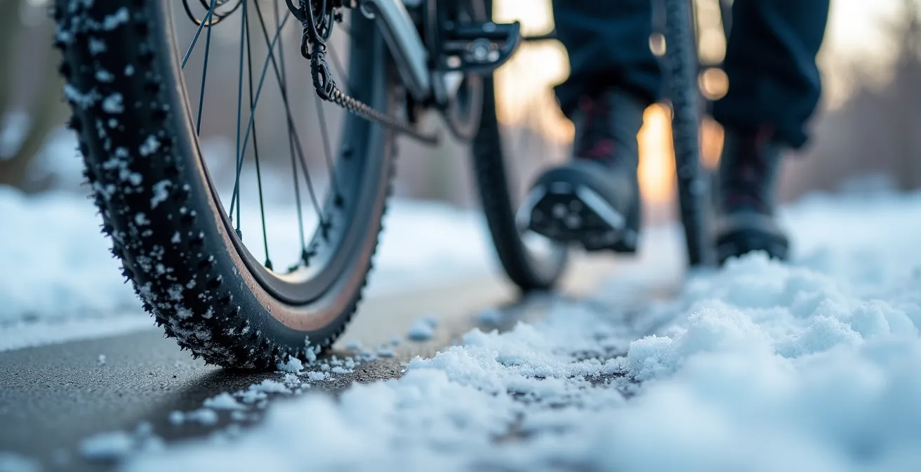 Cycliste équipé pour l'hiver sur une piste du REV à Montréal