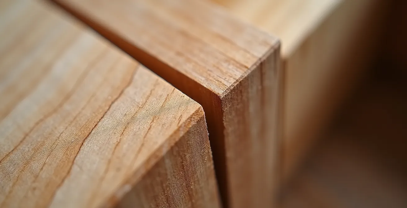 Gros plan sur les détails d'assemblage d'un meuble en bois massif canadien montrant la qualité de fabrication