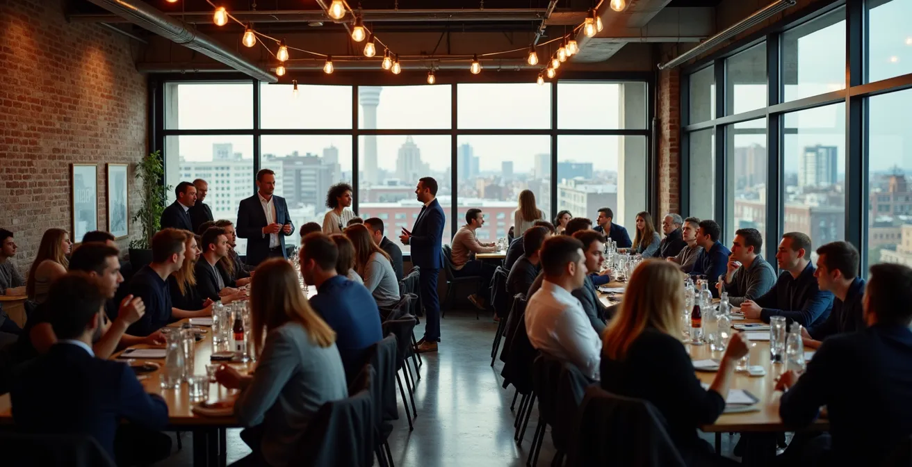 Vue grand angle d'un événement de networking startup dans un espace moderne montréalais