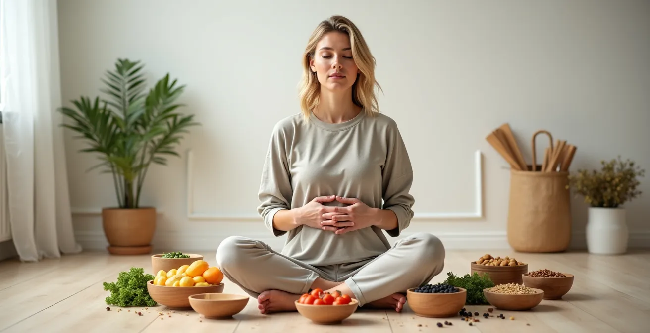 Personne en position méditative avec des aliments naturels disposés en cercle autour d'elle