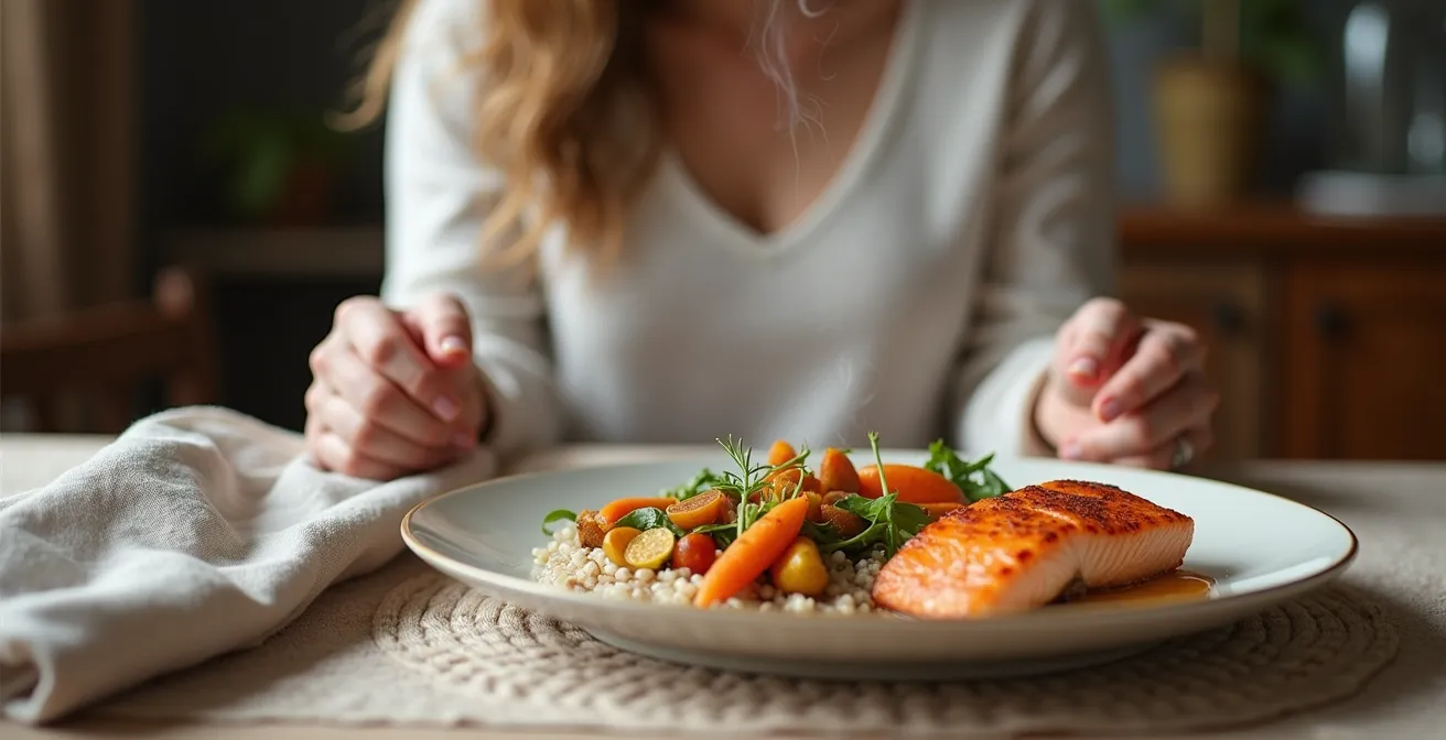 Personne en méditation contemplative devant une assiette colorée d'aliments canadiens locaux