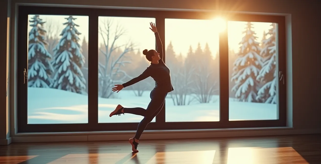 Personne faisant des exercices de mobilité devant une grande fenêtre lumineuse avec vue sur un paysage enneigé