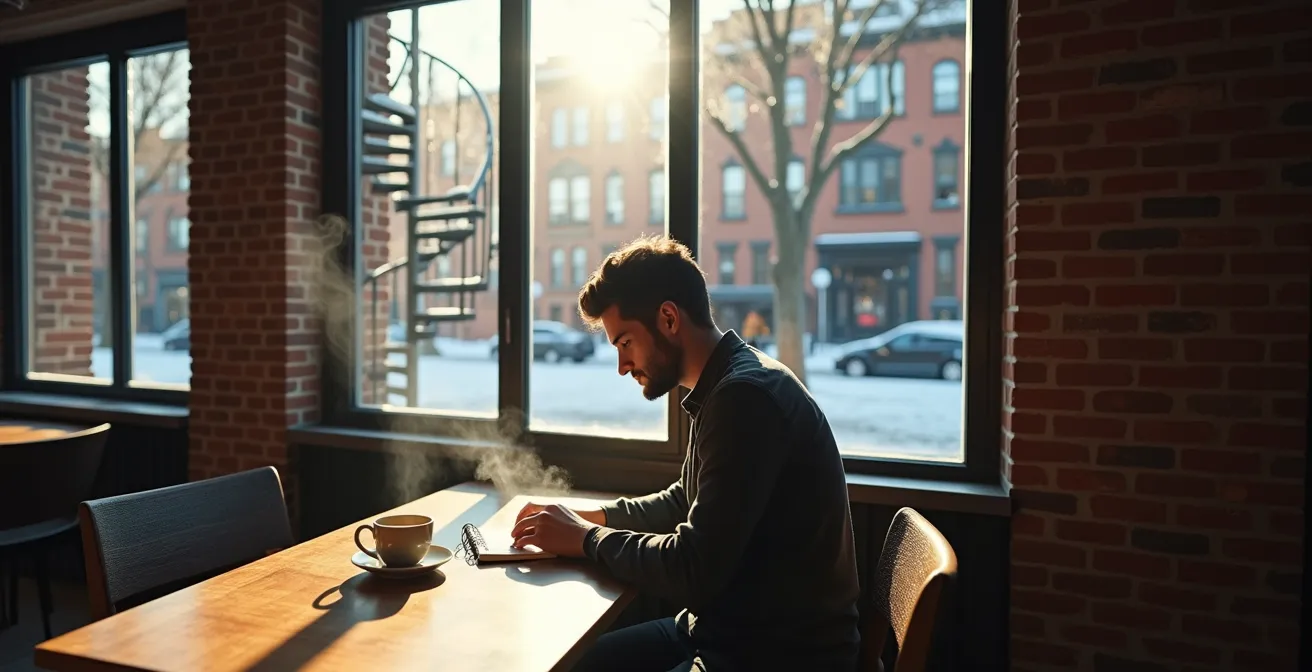 Entrepreneur québécois en pleine lecture dans un café montréalais typique