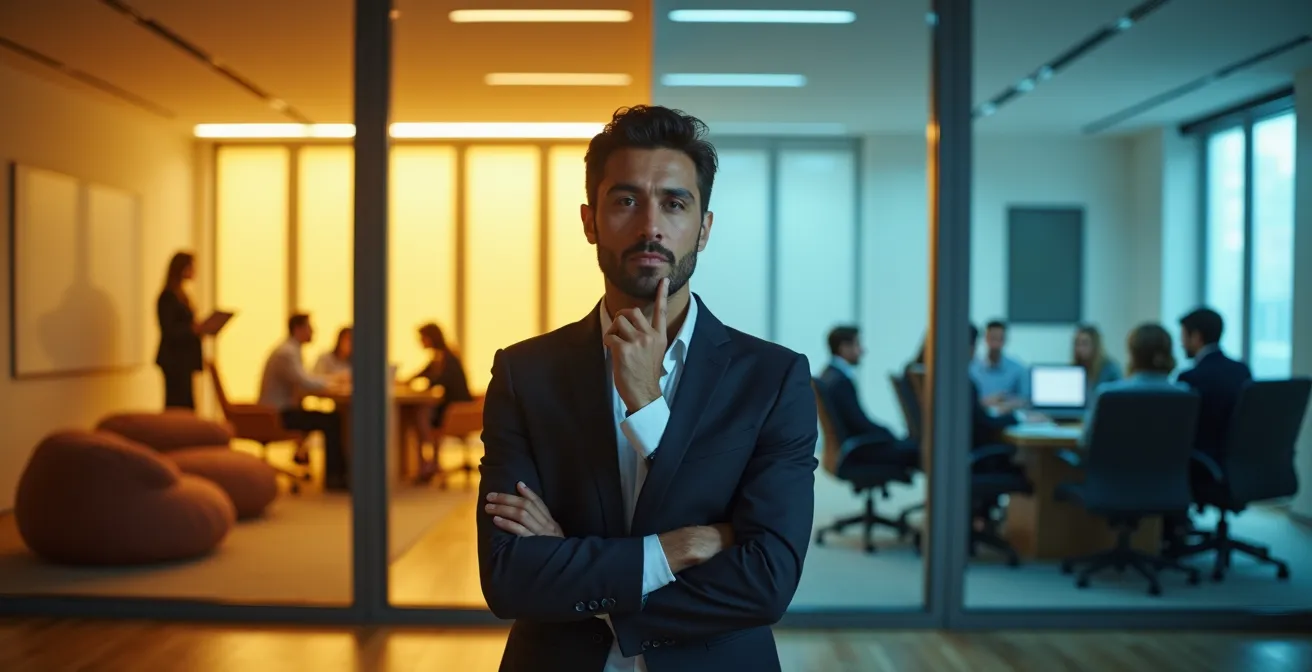 Contraste visuel entre l'environnement informel d'une startup et le cadre formel d'un grand groupe.