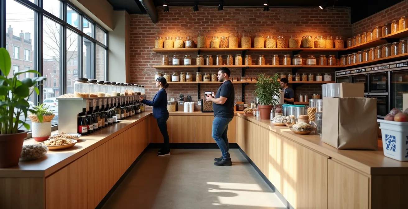 Intérieur d'une épicerie zéro déchet montréalaise avec contenants réutilisables et produits en vrac