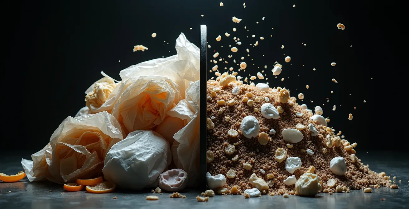 Vue détaillée d'un bac de recyclage montréalais montrant les erreurs courantes de tri avec les bons et mauvais exemples