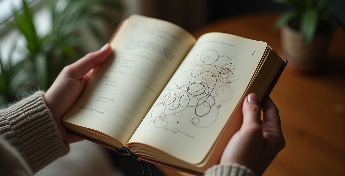 Mains tenant un carnet ouvert avec des mots-clés de valeurs, éclairage naturel par la fenêtre