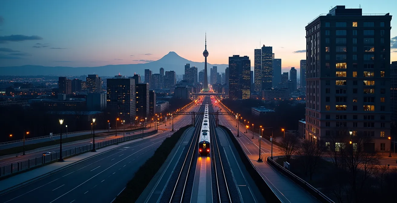 Vue large du Réseau express métropolitain traversant le paysage urbain de Montréal au crépuscule
