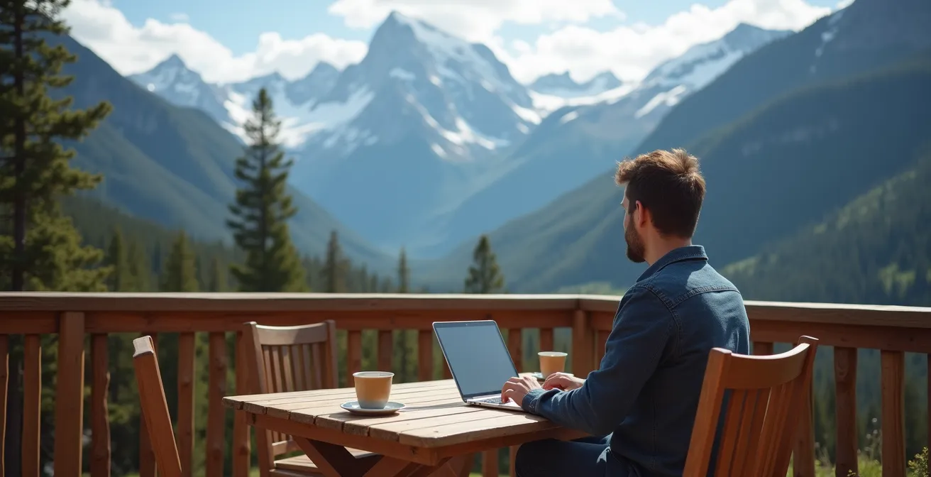 Vue aérienne d'une personne travaillant sur une terrasse face aux Rocheuses canadiennes