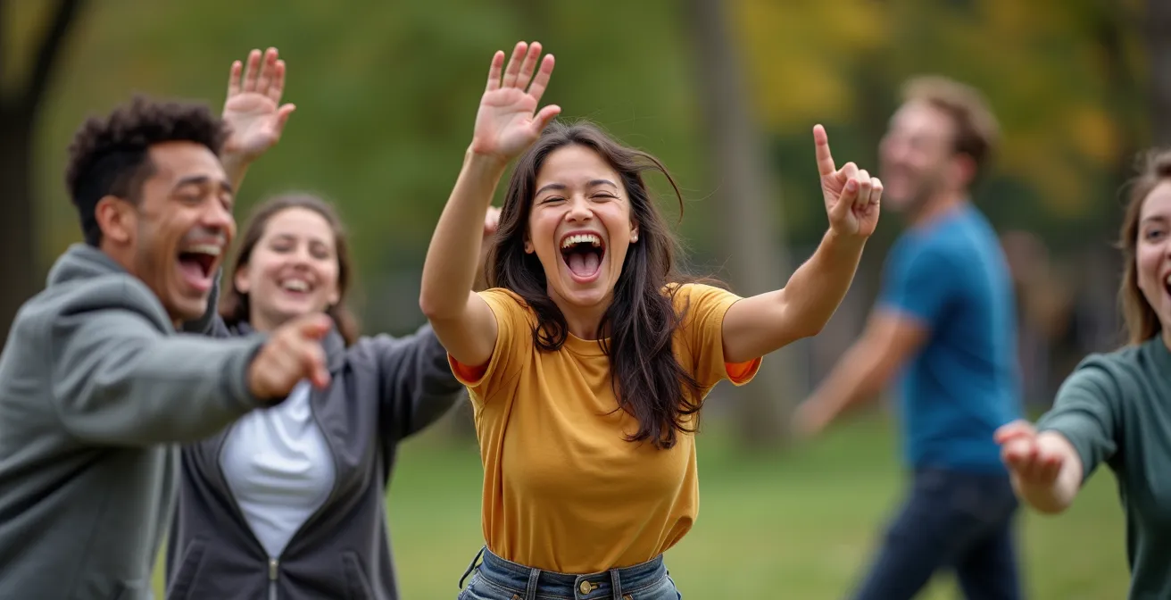 Scène vivante d'un groupe de personnes jouant dans un parc avec des mouvements dynamiques capturés en plein jour