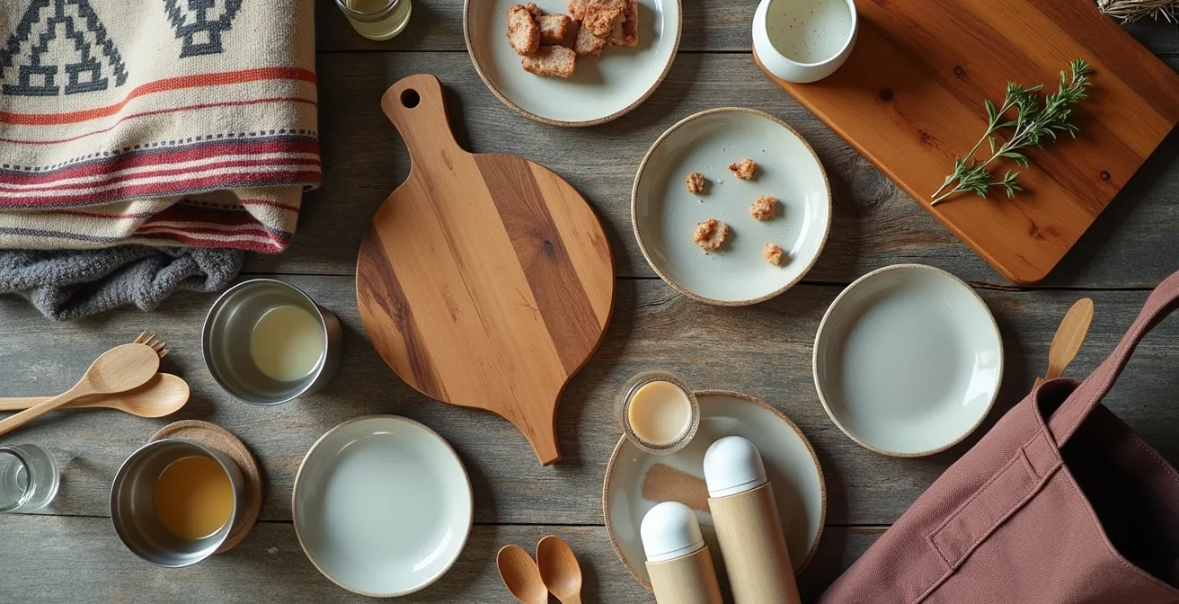 Arrangement artistique d'accessoires de pique-nique haut de gamme sur une surface en bois naturel