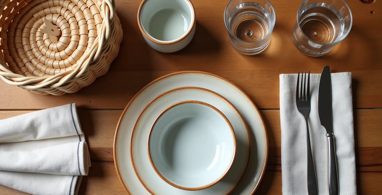 Arrangement artistique d'accessoires de pique-nique haut de gamme sur une surface en bois naturel