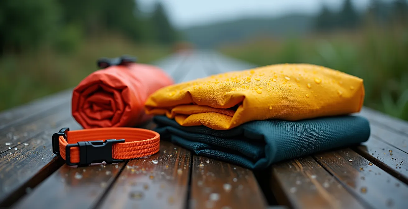 Matériel de protection contre la pluie disposé sur une table de pique-nique dans un parc