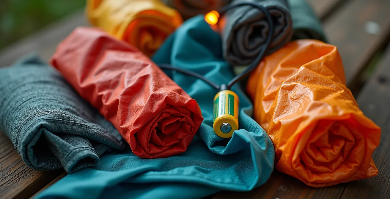 Gros plan sur un kit d'urgence météo ouvert montrant des ponchos colorés, une bâche et des guirlandes lumineuses