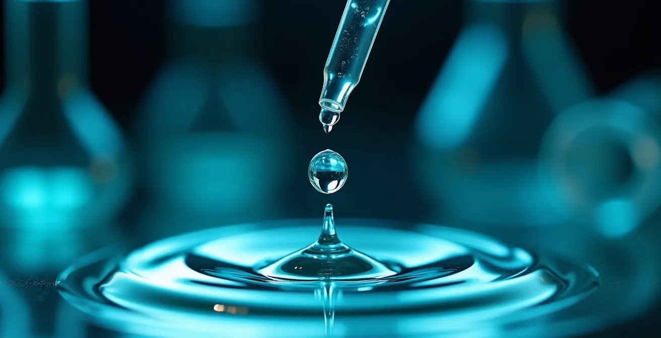 Vue macro d'une pipette scientifique avec gouttelette en suspension, évoquant la précision de la recherche pharmaceutique