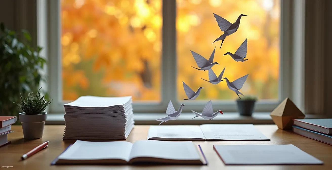 Bureau épuré avec plantes et vue sur nature canadienne