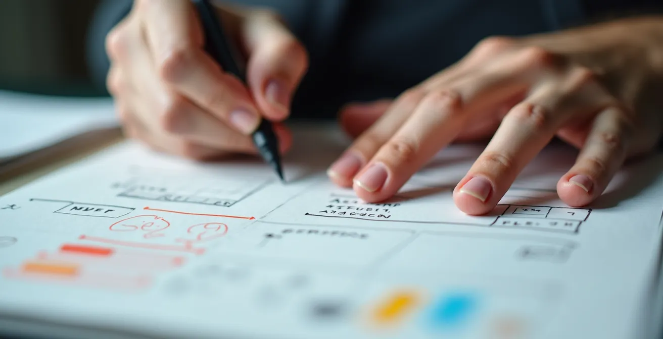 Vue macro de mains remplissant un journal de suivi du stress avec des notes colorées