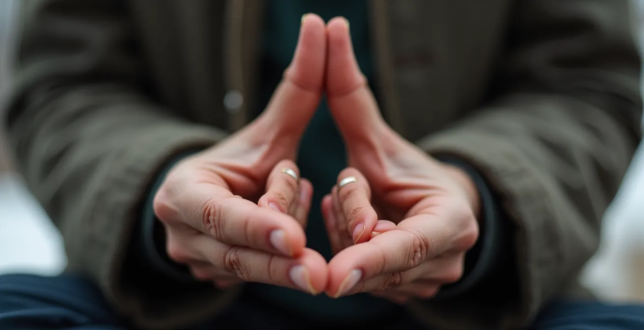 Détail macro de mains en position de méditation mudra avec texture et profondeur