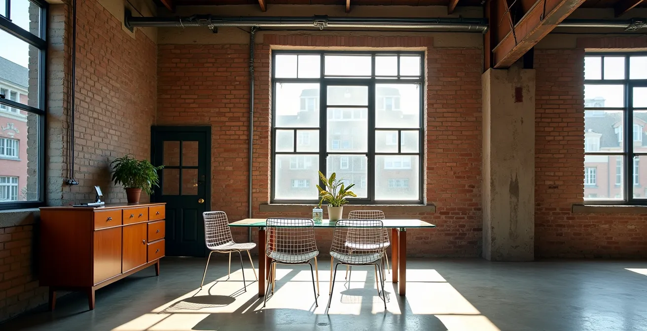 Loft industriel montréalais mélangeant harmonieusement mobilier vintage et pièces contemporaines