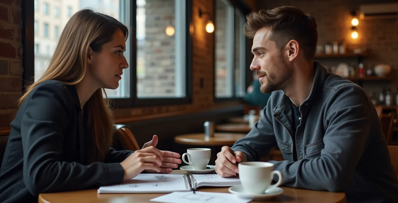 Rencontre de mentorat entre un entrepreneur expérimenté et un jeune fondateur dans un café montréalais