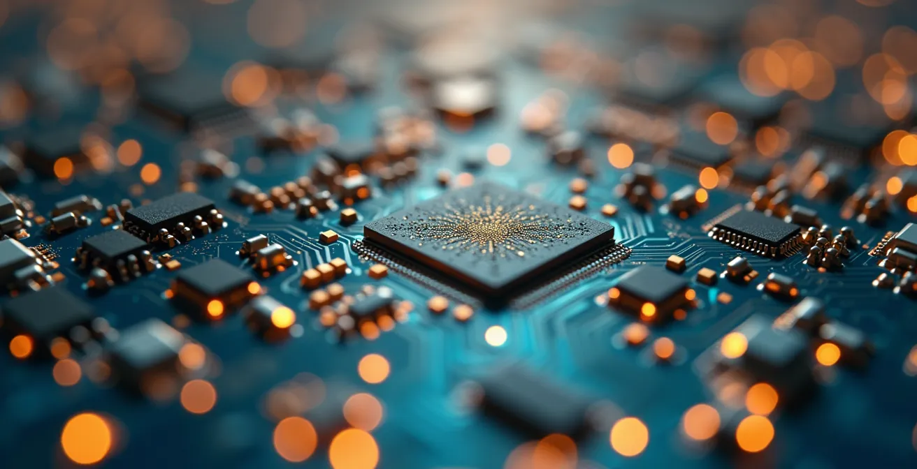 Vue macro de circuits imprimés symbolisant l'intégration de l'intelligence artificielle dans les métiers d'avenir.