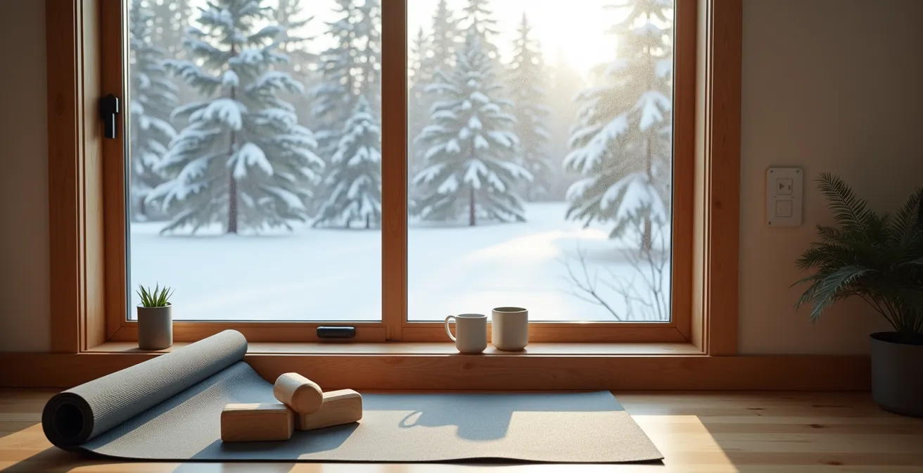 Espace intérieur minimaliste montrant un tapis de yoga déroulé près d'une fenêtre givrée avec vue sur paysage enneigé