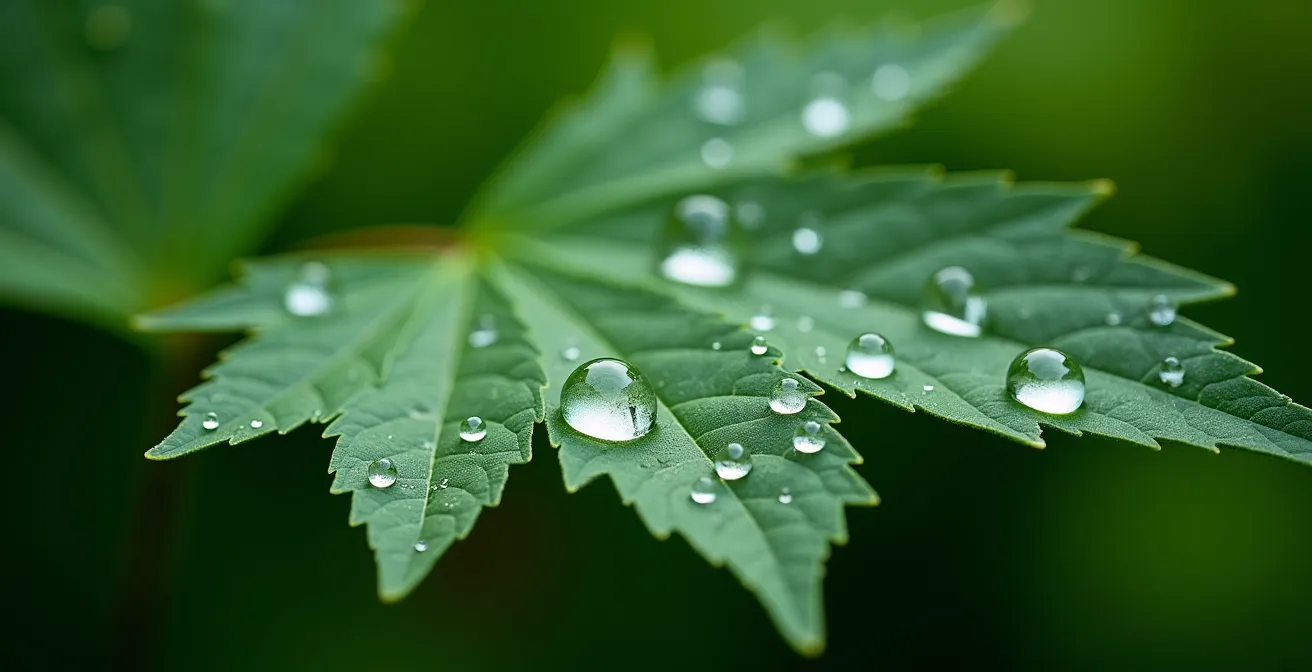 Gros plan macro sur des gouttelettes d'eau s'accumulant progressivement sur une feuille verte jusqu'à former une goutte plus importante