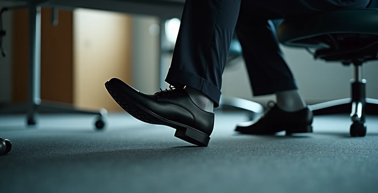 Gros plan sur les jambes d'un employé faisant des mouvements discrets sous son bureau