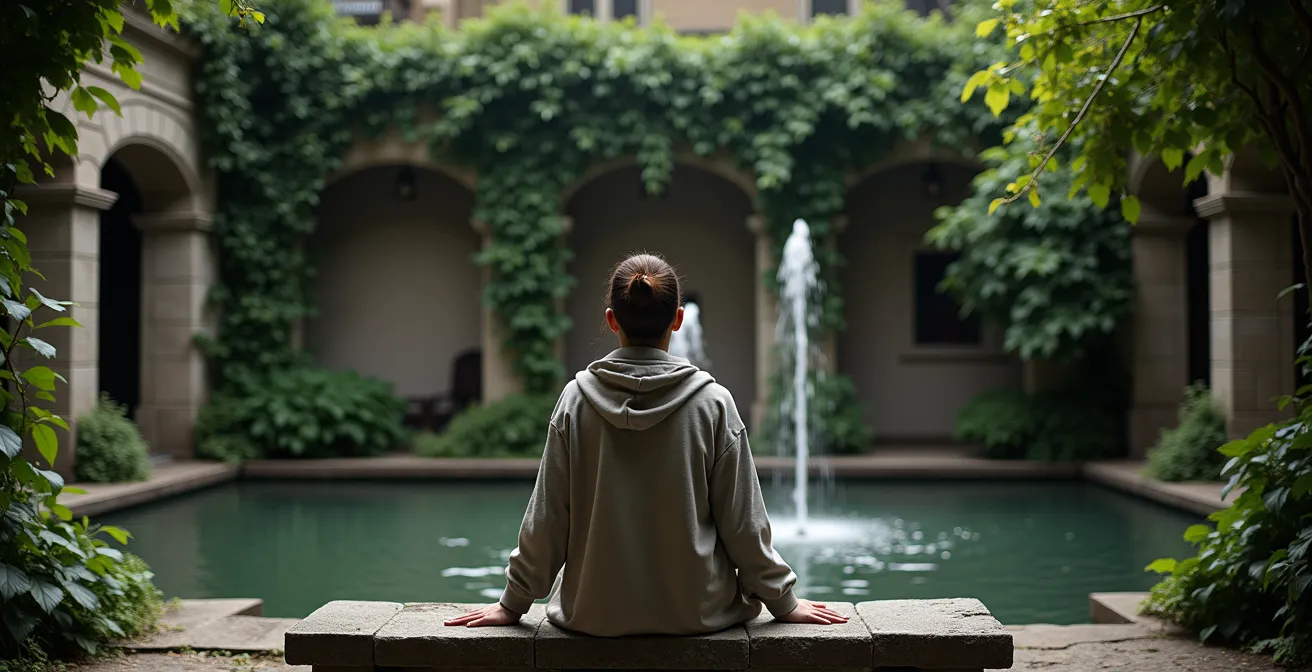 Cour intérieure cachée dans le Vieux-Montréal avec fontaine et végétation luxuriante