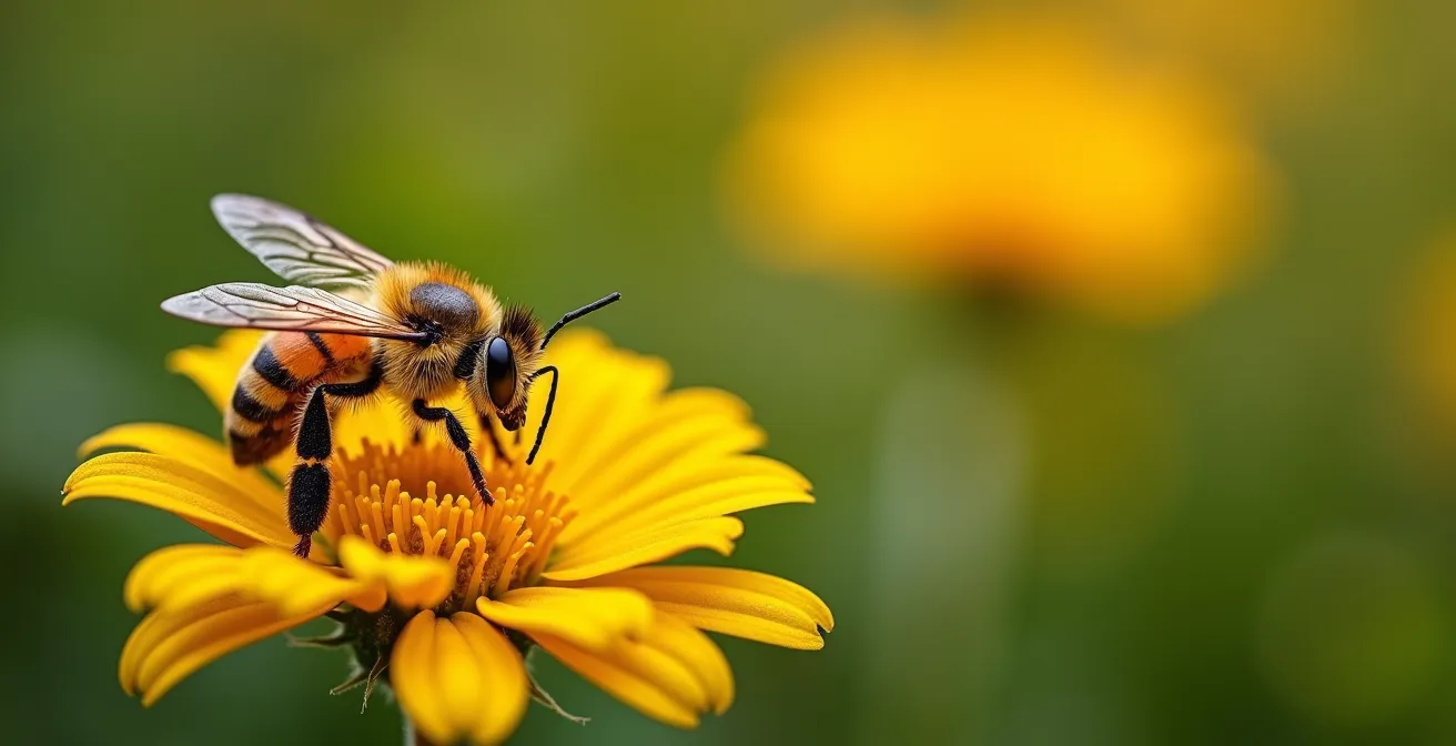 Observation macro d'insectes pollinisateurs sur fleurs sauvages urbaines