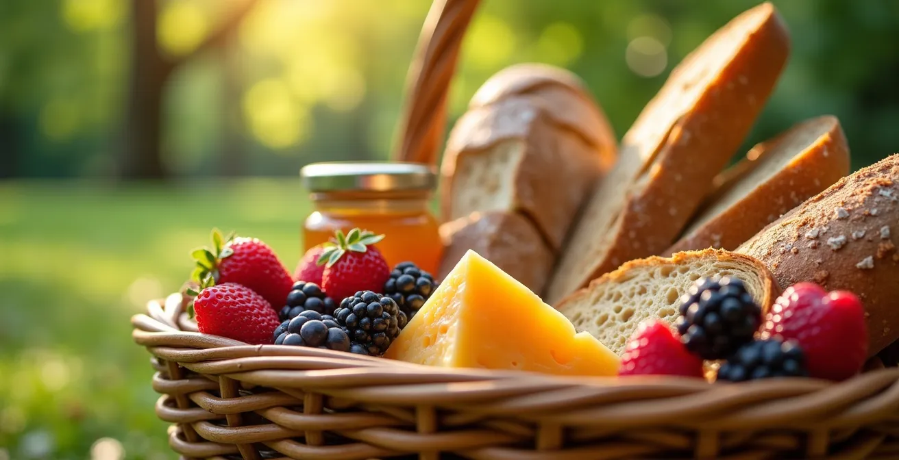 Panier de pique-nique rempli de produits locaux québécois dans un parc montréalais