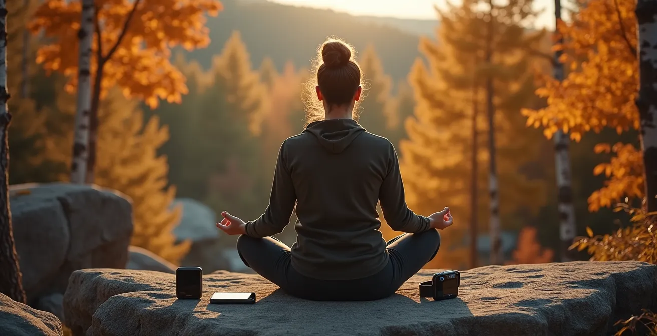 Personne pratiquant la méditation en forêt canadienne sans dispositifs connectés
