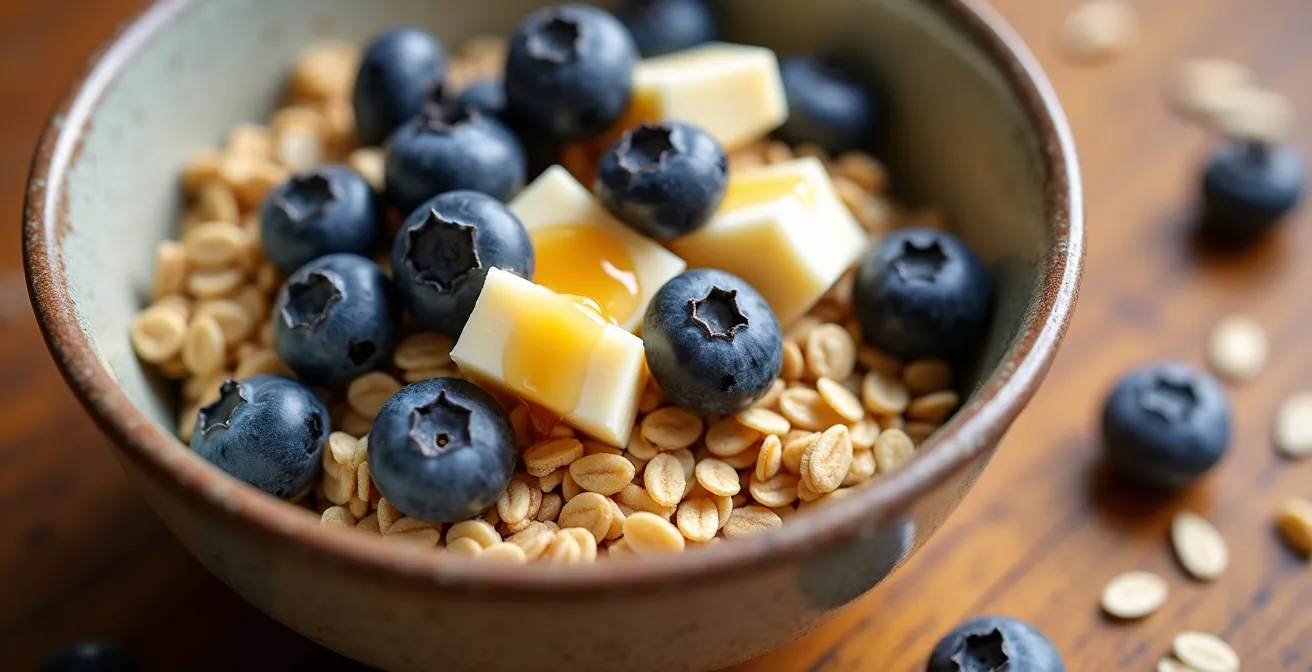 Gros plan sur un bol de gruau garni de graines de chanvre du Manitoba et de bleuets sauvages canadiens