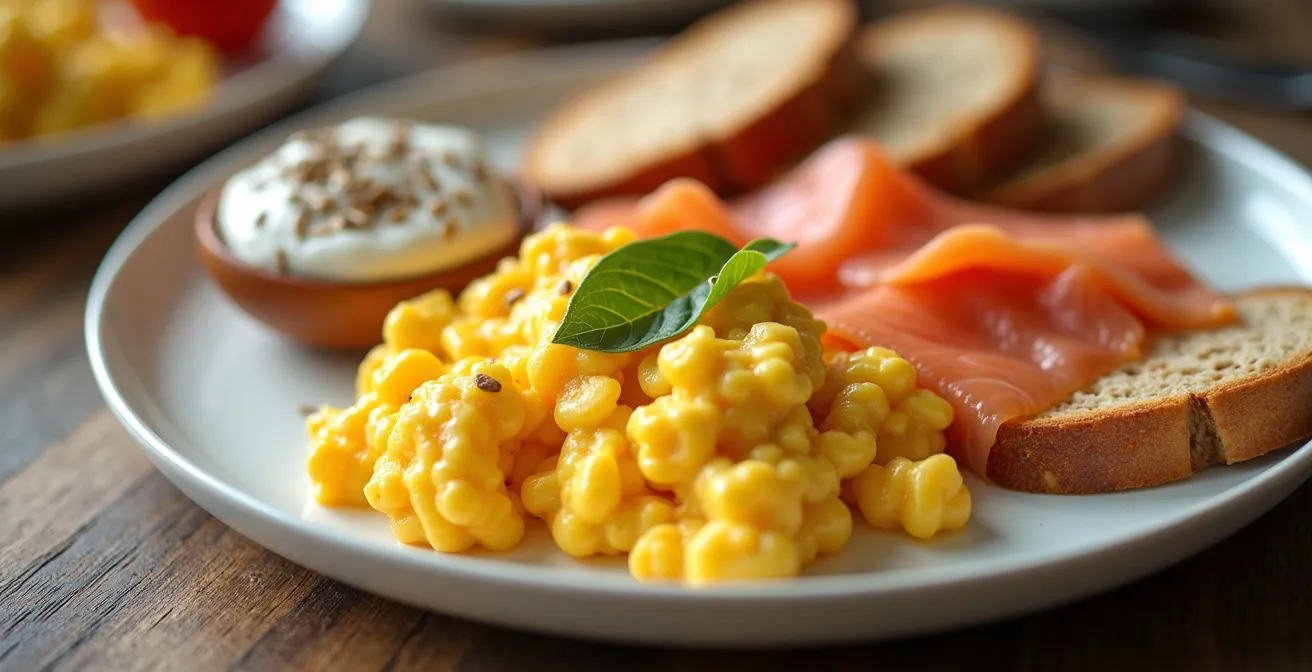 Un petit-déjeuner protéiné canadien avec œufs, saumon fumé et graines de chanvre sur une table en bois