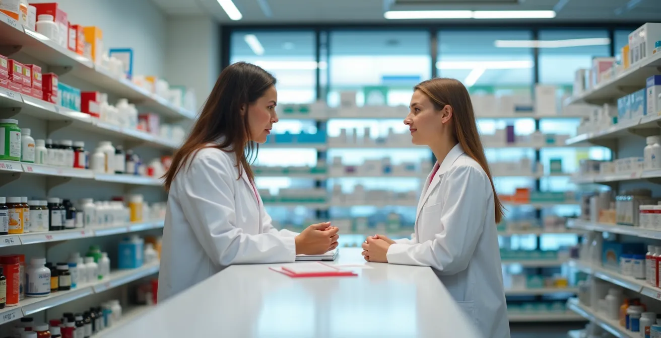 Pharmacien consultant un patient sur les produits de santé naturels dans une pharmacie canadienne