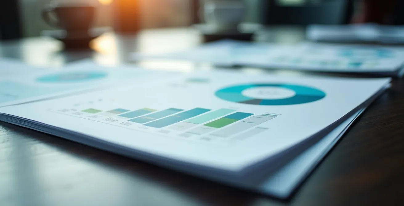 Vue macro détaillée d'un pitch deck professionnel avec graphiques colorés et design épuré