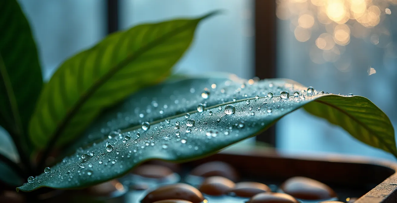 Plantes tropicales près d'une fenêtre givrée avec plateau de billes d'argile