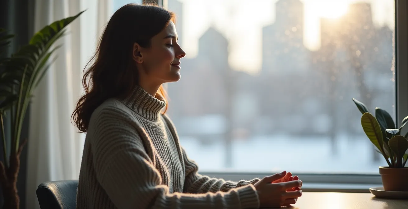Personne pratiquant la cohérence cardiaque dans un bureau avec vue sur paysage hivernal canadien